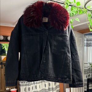 Free People Black Denim Jacket with Red Faux Fur Collar